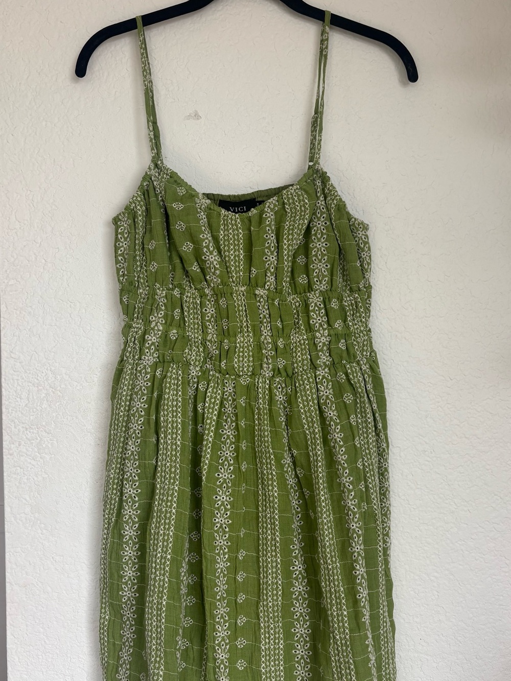 VICI Olive Green Embroidered Strappy Midi Dress